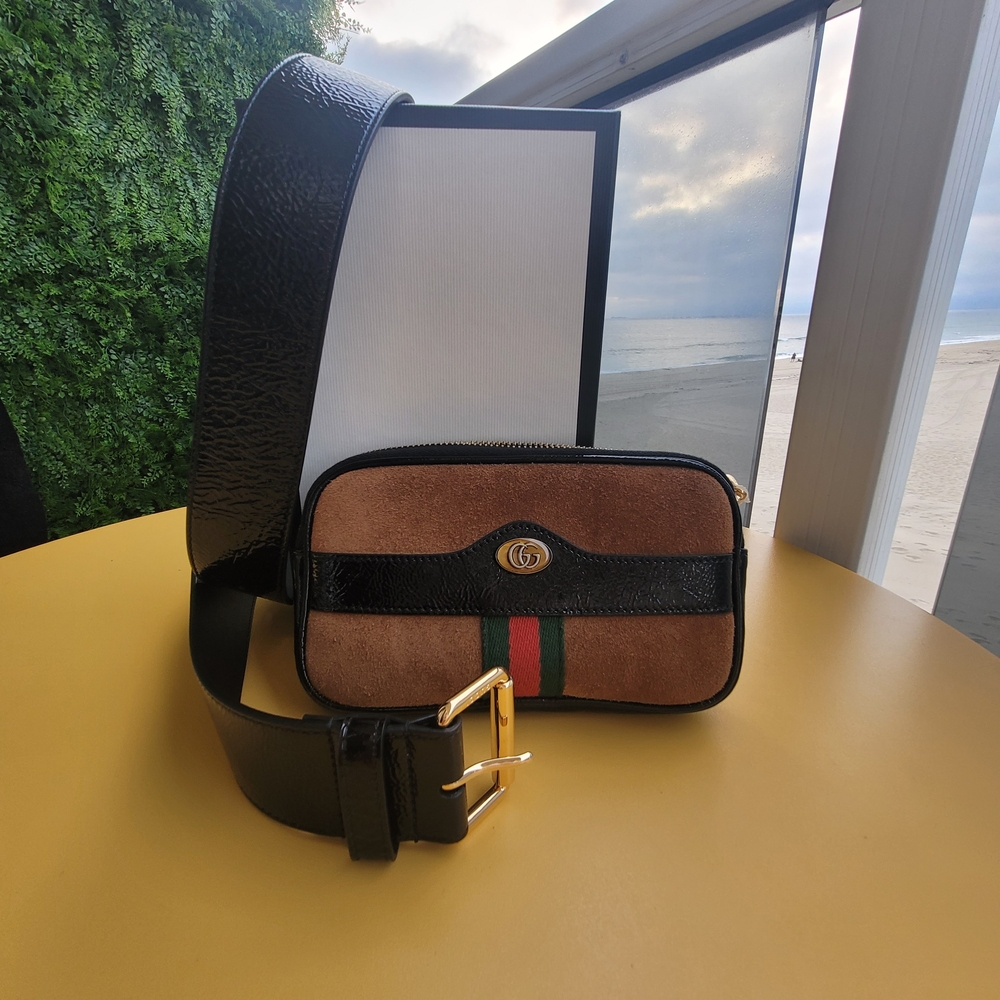 Gucci Brown Suede Sm Ophidia Belt Bag with black patent leather trim Grn/red Str